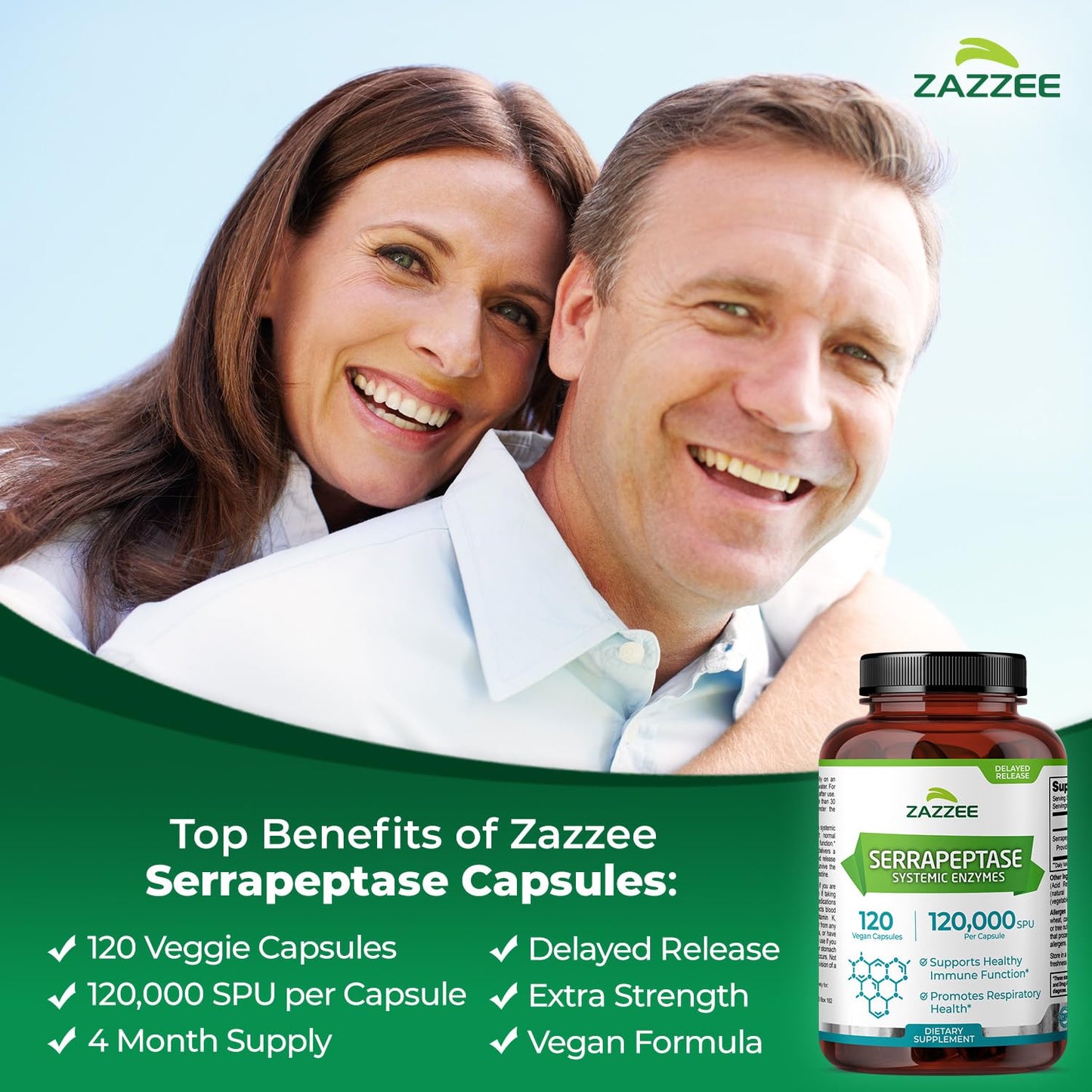 Zazzee Delayed Release Serrapeptase, 120,000 SPU per Capsule, 120 Vegan Capsules, 4-Month Supply, Extra Strength, All-Natural & Non-GMO