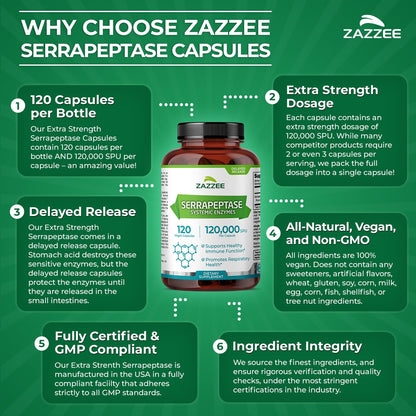 Zazzee Delayed Release Serrapeptase, 120,000 SPU per Capsule, 120 Vegan Capsules, 4-Month Supply, Extra Strength, All-Natural & Non-GMO