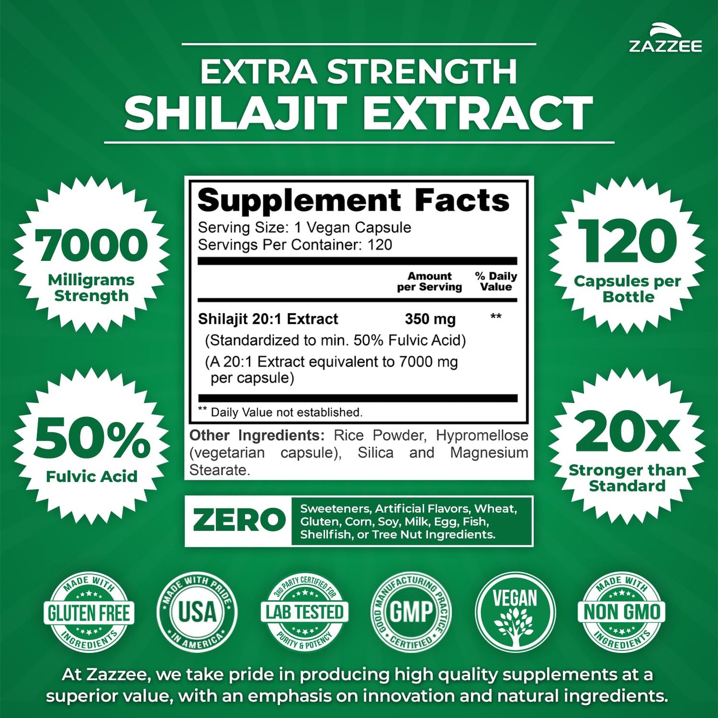 Zazzee Himalayan Shilajit 20:1 Extract – 7000 mg per Capsule, 120 Servings, 50% Fulvic Acid, Vegan, Non-GMO, Made in USA