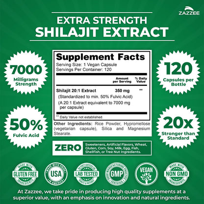 Zazzee Himalayan Shilajit 20:1 Extract – 7000 mg per Capsule, 120 Servings, 50% Fulvic Acid, Vegan, Non-GMO, Made in USA