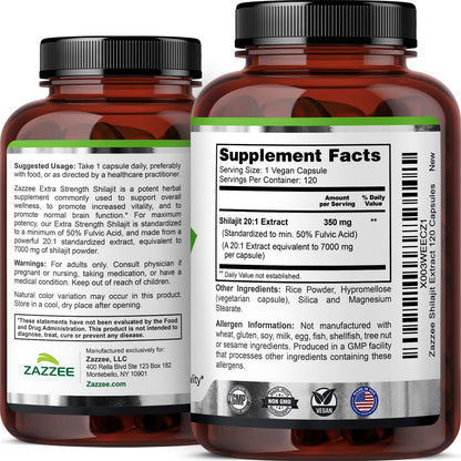 Zazzee Himalayan Shilajit 20:1 Extract – 7000 mg per Capsule, 120 Servings, 50% Fulvic Acid, Vegan, Non-GMO, Made in USA