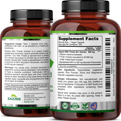 Zazzee Organic Milk Thistle 50:1 Extract – 20,000 mg Strength, 200 Capsules, 80% Silymarin, 6-Month Supply