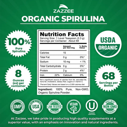 Zazzee Organic Spirulina Powder, 8 Ounces – USDA Certified Organic, 68 Servings