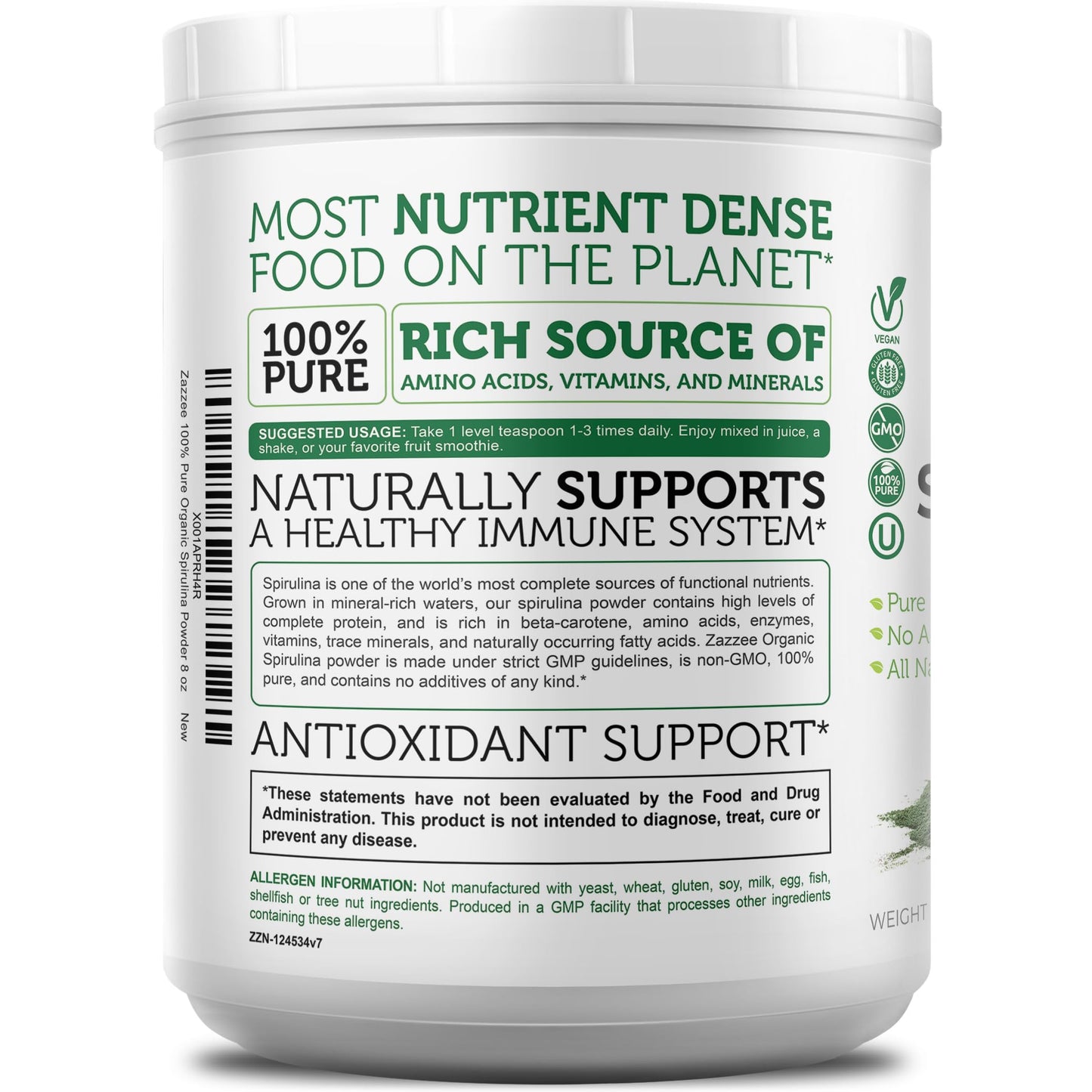 Zazzee Organic Spirulina Powder, 8 Ounces – USDA Certified Organic, 68 Servings