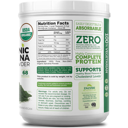 Zazzee Organic Spirulina Powder, 8 Ounces – USDA Certified Organic, 68 Servings