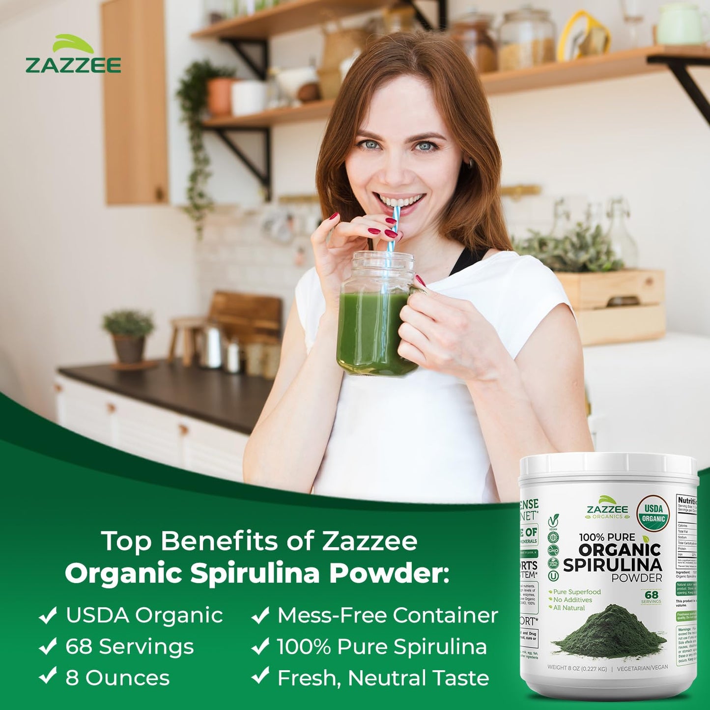 Zazzee Organic Spirulina Powder, 8 Ounces – USDA Certified Organic, 68 Servings
