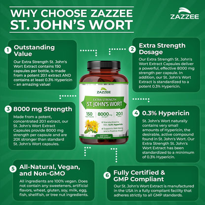 Zazzee Extra Strength St. John’s Wort 20:1 Extract – 8000 mg per Capsule, 150 Vegan Capsules, 5 Month Supply