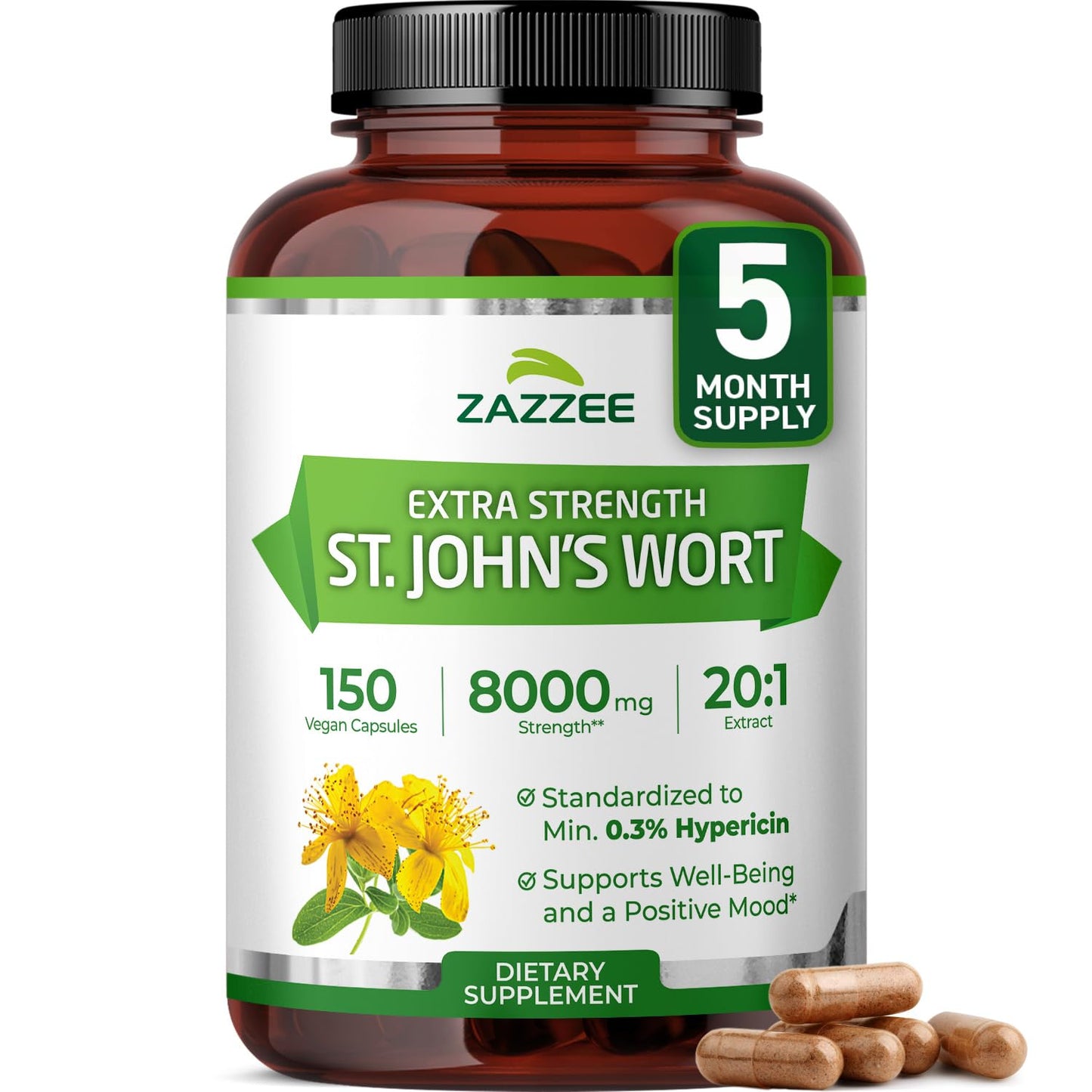 Zazzee Extra Strength St. John’s Wort 20:1 Extract – 8000 mg per Capsule, 150 Vegan Capsules, 5 Month Supply