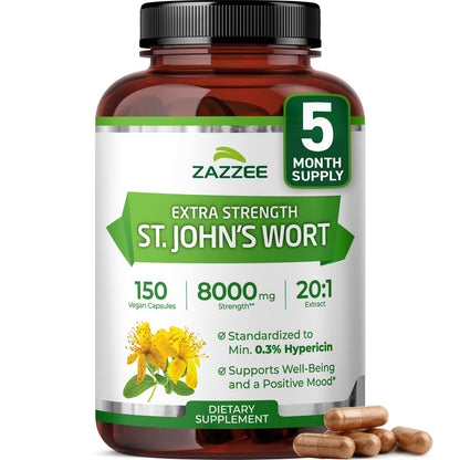 Zazzee Extra Strength St. John’s Wort 20:1 Extract – 8000 mg per Capsule, 150 Vegan Capsules, 5 Month Supply