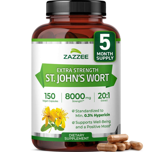 Zazzee Extra Strength St. John’s Wort 20:1 Extract – 8000 mg per Capsule, 150 Vegan Capsules, 5 Month Supply BritishVita | Premium UK Vitamins & Wellness Supplements