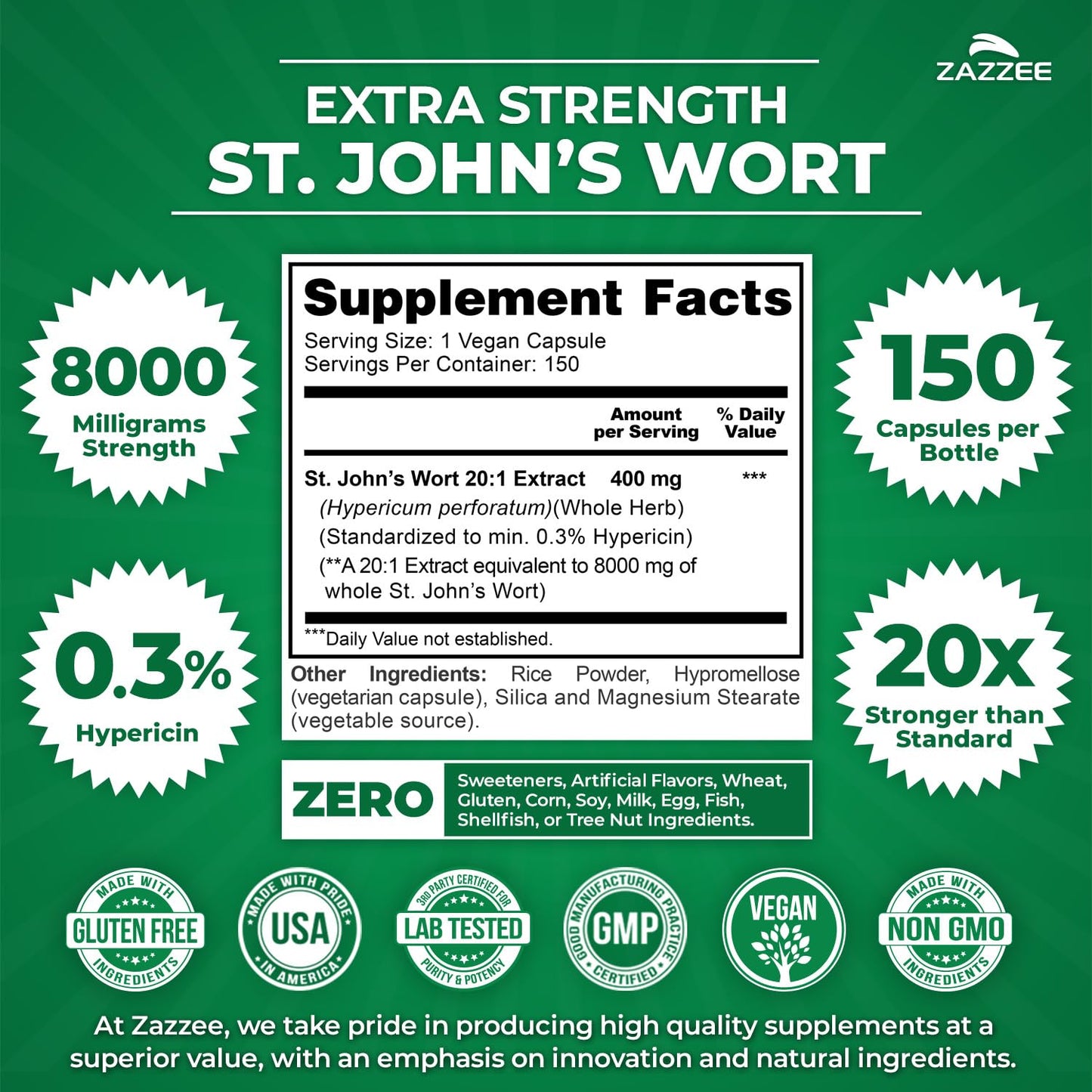 Zazzee Extra Strength St. John’s Wort 20:1 Extract – 8000 mg per Capsule, 150 Vegan Capsules, 5 Month Supply