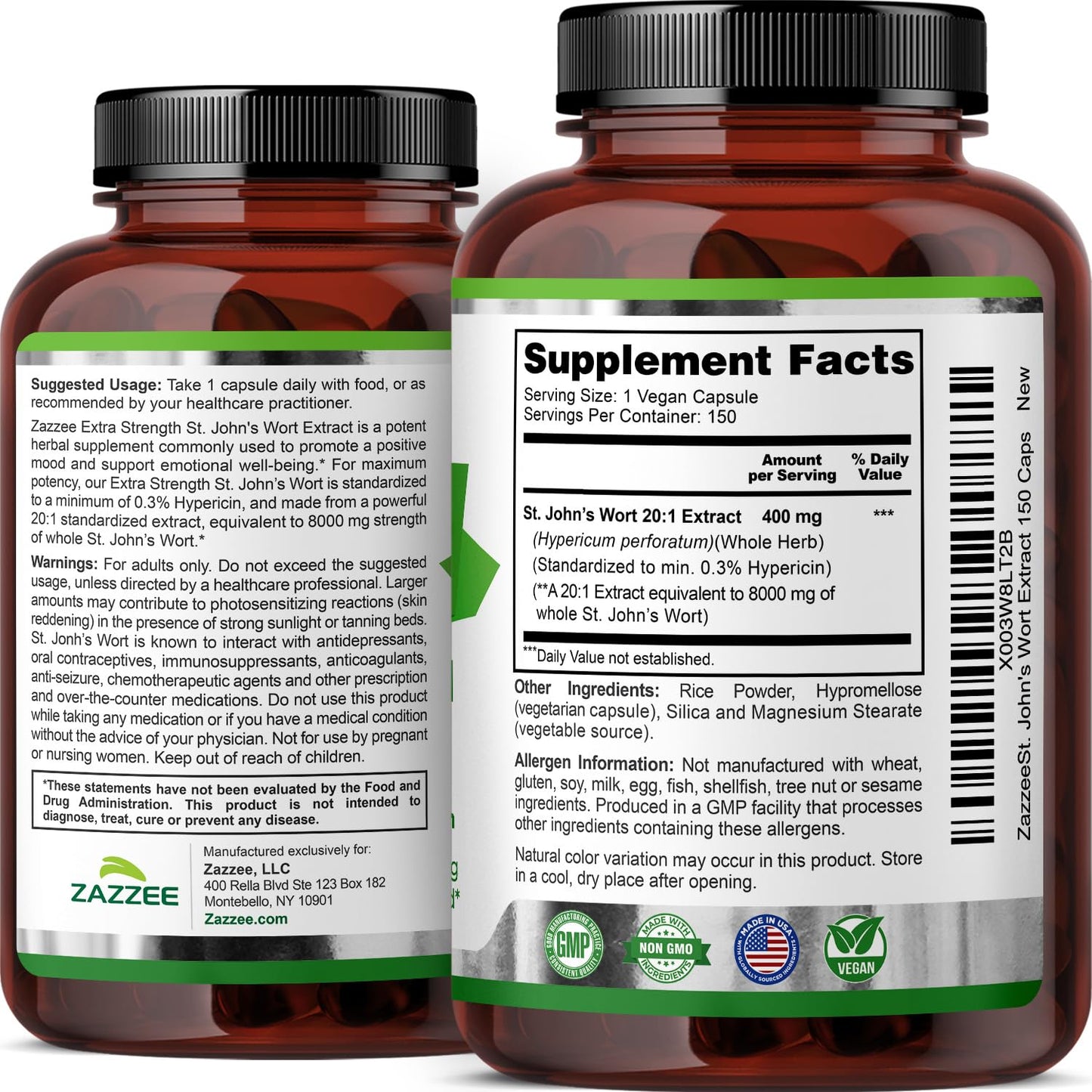 Zazzee Extra Strength St. John’s Wort 20:1 Extract – 8000 mg per Capsule, 150 Vegan Capsules, 5 Month Supply