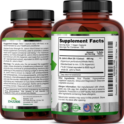 Zazzee Extra Strength St. John’s Wort 20:1 Extract – 8000 mg per Capsule, 150 Vegan Capsules, 5 Month Supply