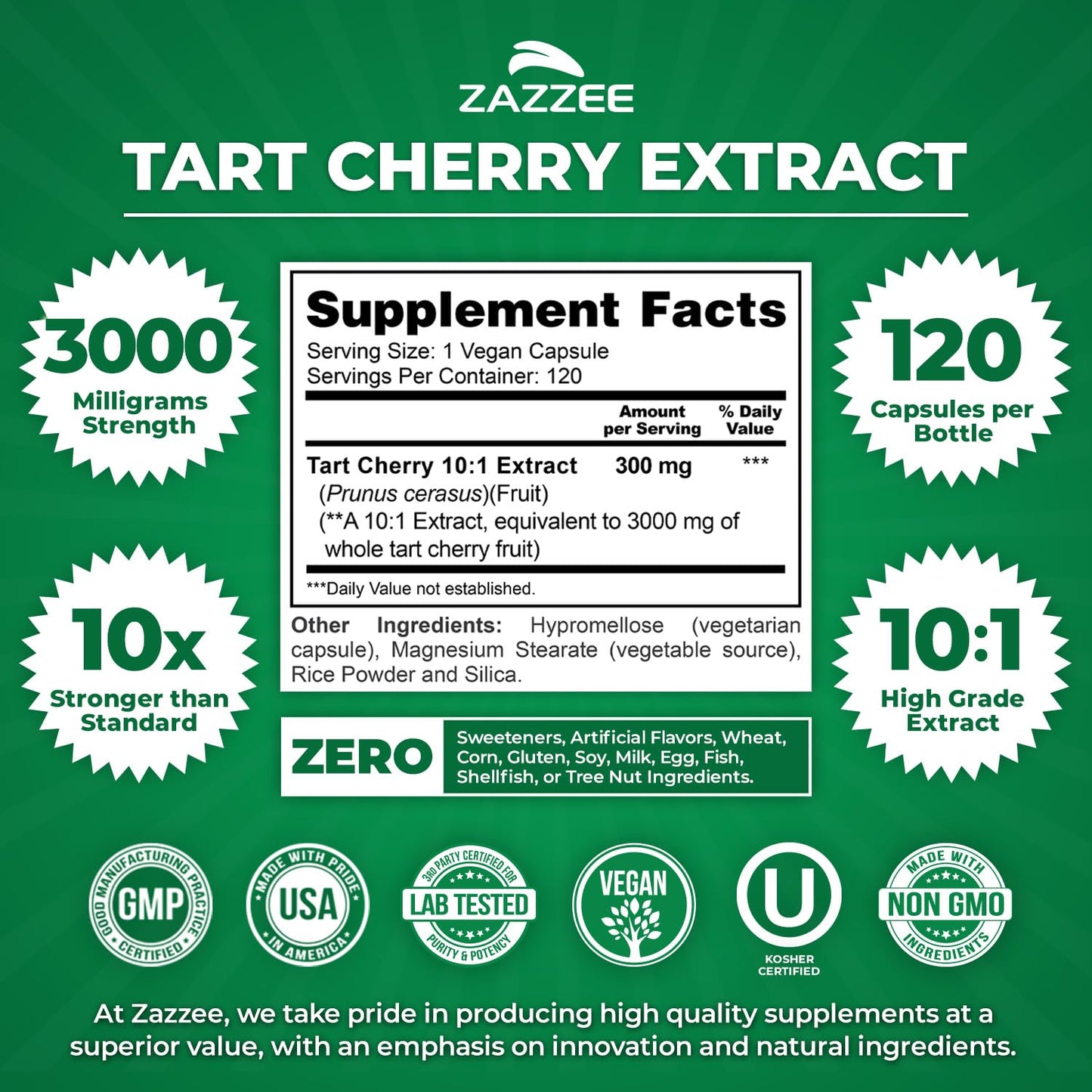 Zazzee Tart Cherry 10:1 Extract – 3000 mg Strength, 120 Vegan Capsules, 4-Month Supply