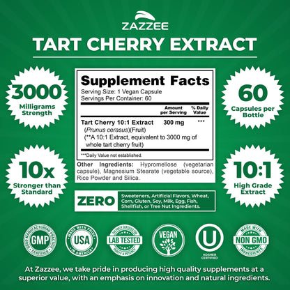 Zazzee Tart Cherry 10:1 Extract – 3000 mg per Capsule, 60 Vegan Capsules, 2-Month Supply, Certified Kosher, Gluten Free, Non-GMO