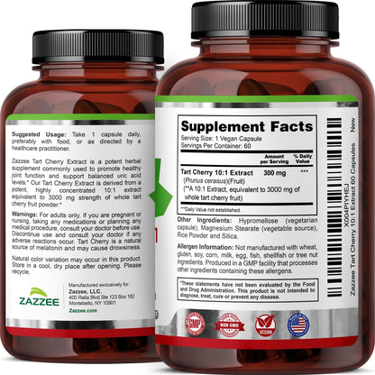 Zazzee Tart Cherry 10:1 Extract – 3000 mg per Capsule, 60 Vegan Capsules, 2-Month Supply, Certified Kosher, Gluten Free, Non-GMO