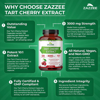 Zazzee Tart Cherry 10:1 Extract – 3000 mg Strength, 120 Vegan Capsules, 4-Month Supply