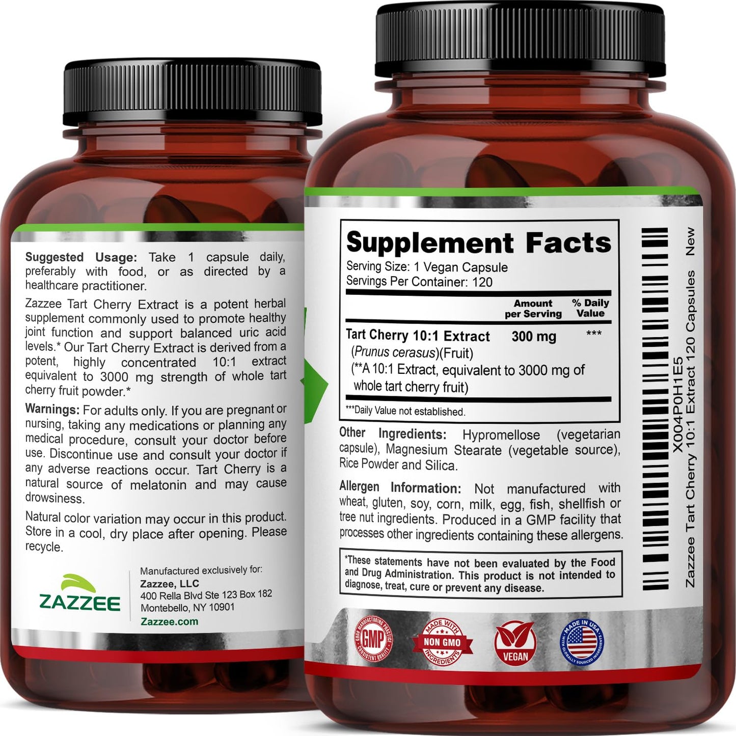 Zazzee Tart Cherry 10:1 Extract – 3000 mg Strength, 120 Vegan Capsules, 4-Month Supply