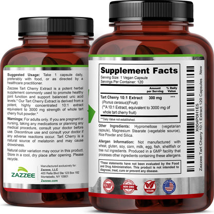 Zazzee Tart Cherry 10:1 Extract – 3000 mg Strength, 120 Vegan Capsules, 4-Month Supply