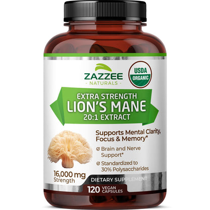 Zazzee USDA Organic Lion's Mane 20:1 Extract – 16,000 mg per Capsule, 120 Vegan Capsules, Made in USA