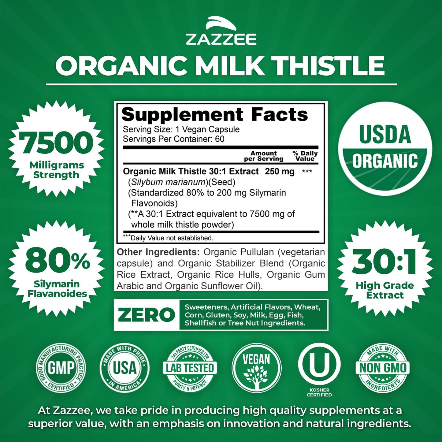 Zazzee USDA Organic Milk Thistle - 30:1 Extract, 7500 mg per Capsule | 60 Vegan Capsules | 80% Silymarin | Made in USA