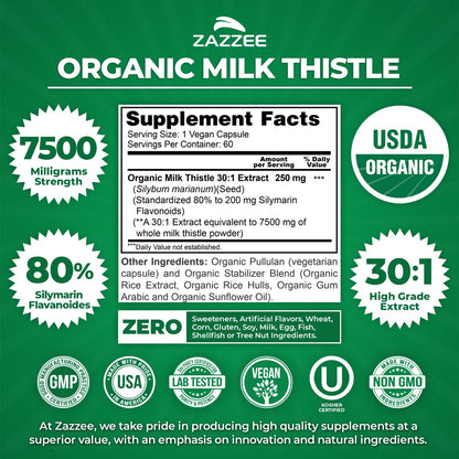 Zazzee USDA Organic Milk Thistle - 30:1 Extract, 7500 mg per Capsule | 60 Vegan Capsules | 80% Silymarin | Made in USA