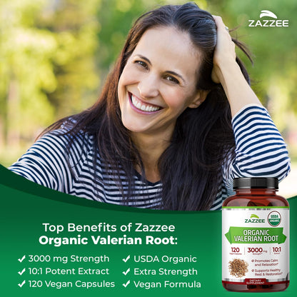 Zazzee USDA Organic Valerian Root 10:1 Extract – 3000 mg, 120 Veg Capsules, Made in USA