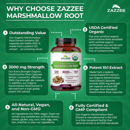 Zazzee USDA Organic Marshmallow Root 10:1 Extract – 3000 mg, 120 Veg Capsules