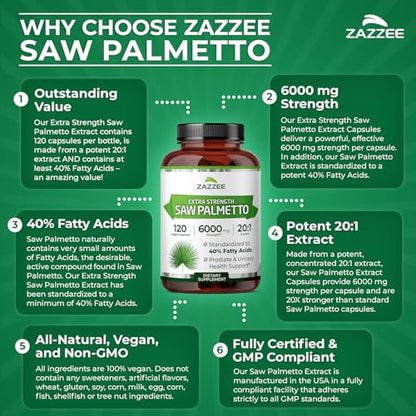 Zazzee Extra Strength Saw Palmetto 20:1 Extract – 6000 mg per Capsule, 4 Month Supply, 40% Fatty Acids, 120 Vegan Capsules, Non-GMO, Made in USA