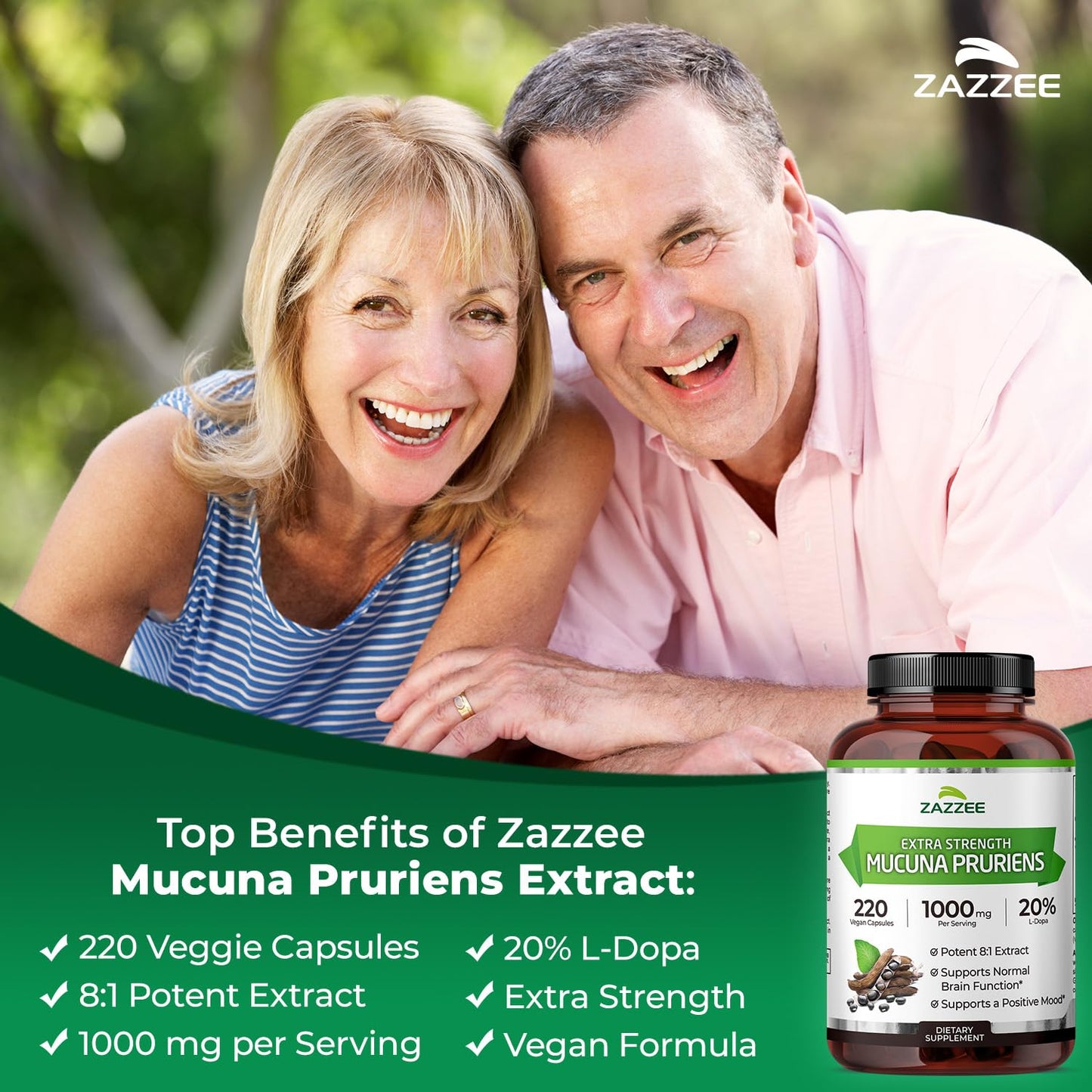 Zazzee Extra Strength Mucuna Pruriens 8:1 Extract – 1000 mg, 20% L-DOPA, 220 Veg Capsules, 110 Day Supply