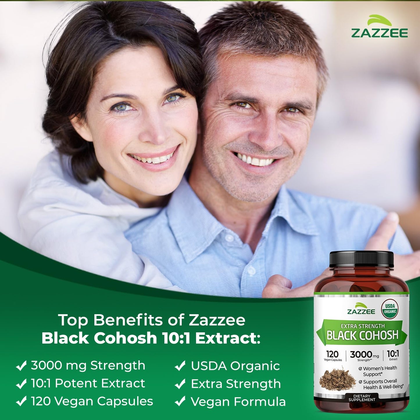 Zazzee USDA Organic Black Cohosh 10:1 Extract – 3000 mg Strength, 120 Capsules, 4 Month Supply | Made in USA
