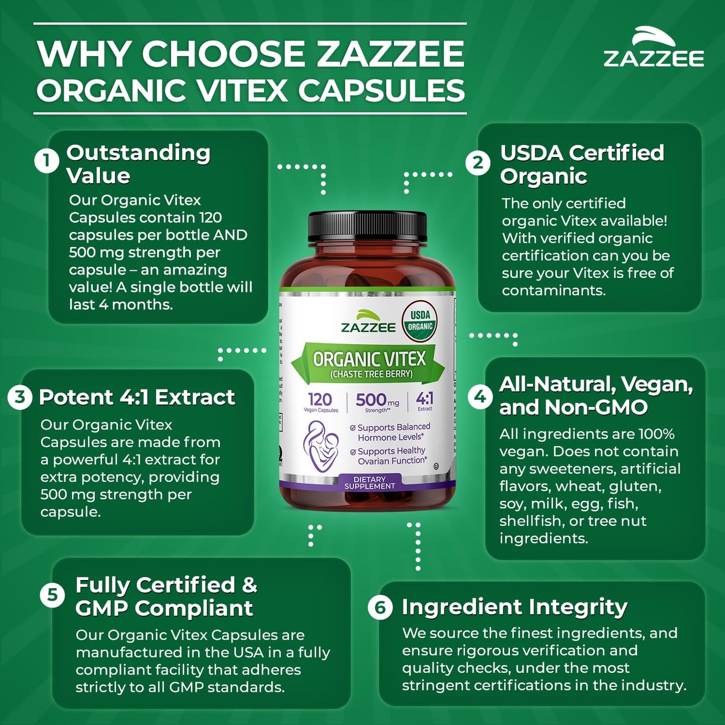 Zazzee USDA Organic Vitex 500 mg | 120 Vegan Capsules | 4-Month Supply