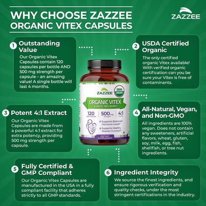 Zazzee USDA Organic Vitex 500 mg | 120 Vegan Capsules | 4-Month Supply