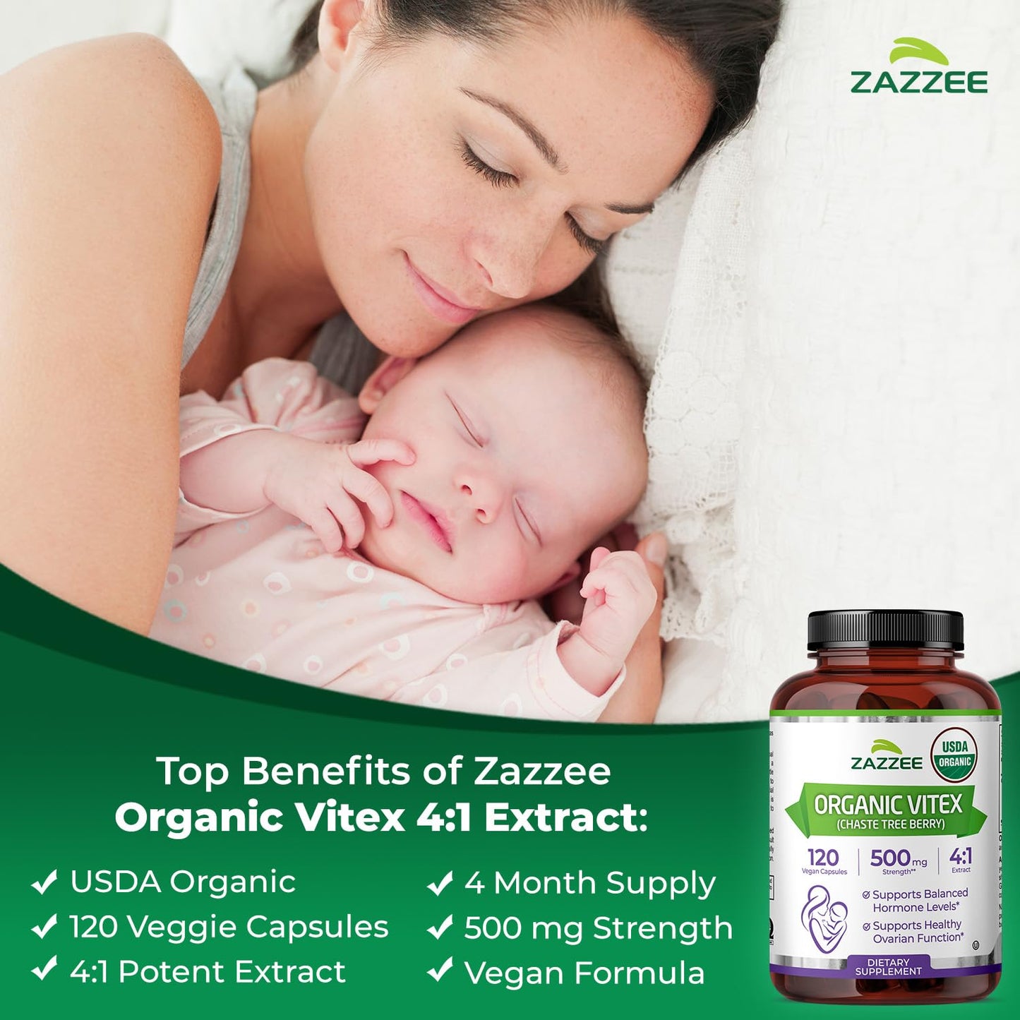Zazzee USDA Organic Vitex 500 mg | 120 Vegan Capsules | 4-Month Supply