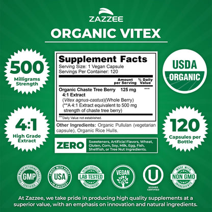 Zazzee USDA Organic Vitex 500 mg | 120 Vegan Capsules | 4-Month Supply