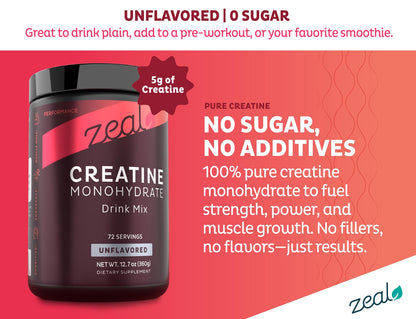 Zeal Micronized Creatine Monohydrate Powder – Unflavored, 5g per Serving | 72 Servings