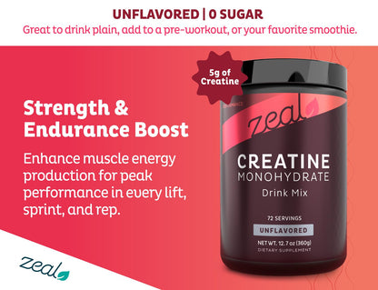 Zeal Micronized Creatine Monohydrate Powder – Unflavored, 5g per Serving | 72 Servings