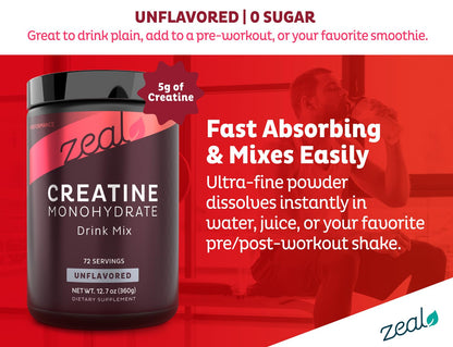 Zeal Micronized Creatine Monohydrate Powder – Unflavored, 5g per Serving | 72 Servings