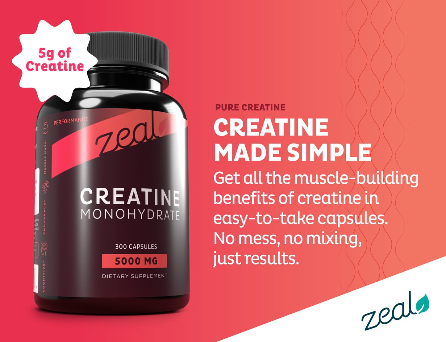 Zeal Creatine Monohydrate - 300 Capsules, Unflavored | Creatine Supplement