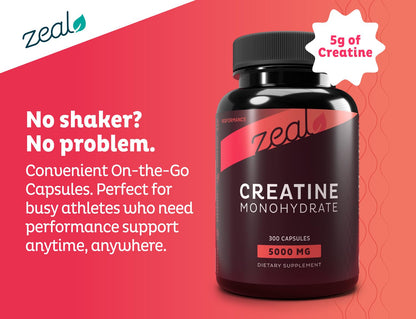 Zeal Creatine Monohydrate - 300 Capsules, Unflavored | Creatine Supplement
