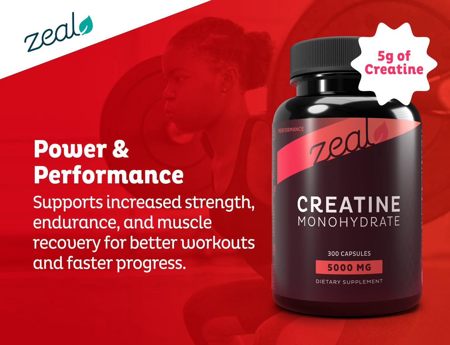 Zeal Creatine Monohydrate - 300 Capsules, Unflavored | Creatine Supplement