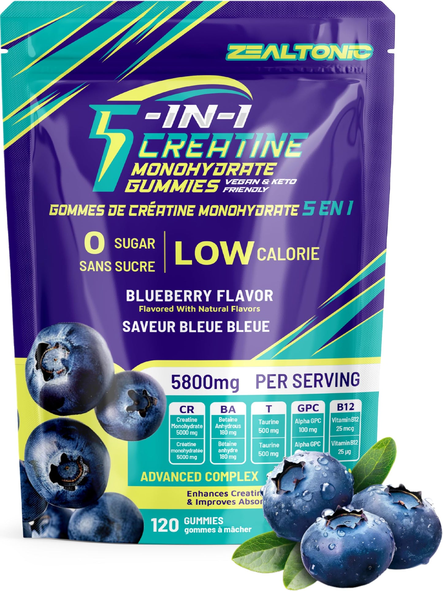 Zealtonic Creatine Monohydrate Gummies 5800mg with Betaine & Alpha GPC | 0 Sugar | 120 Blueberry