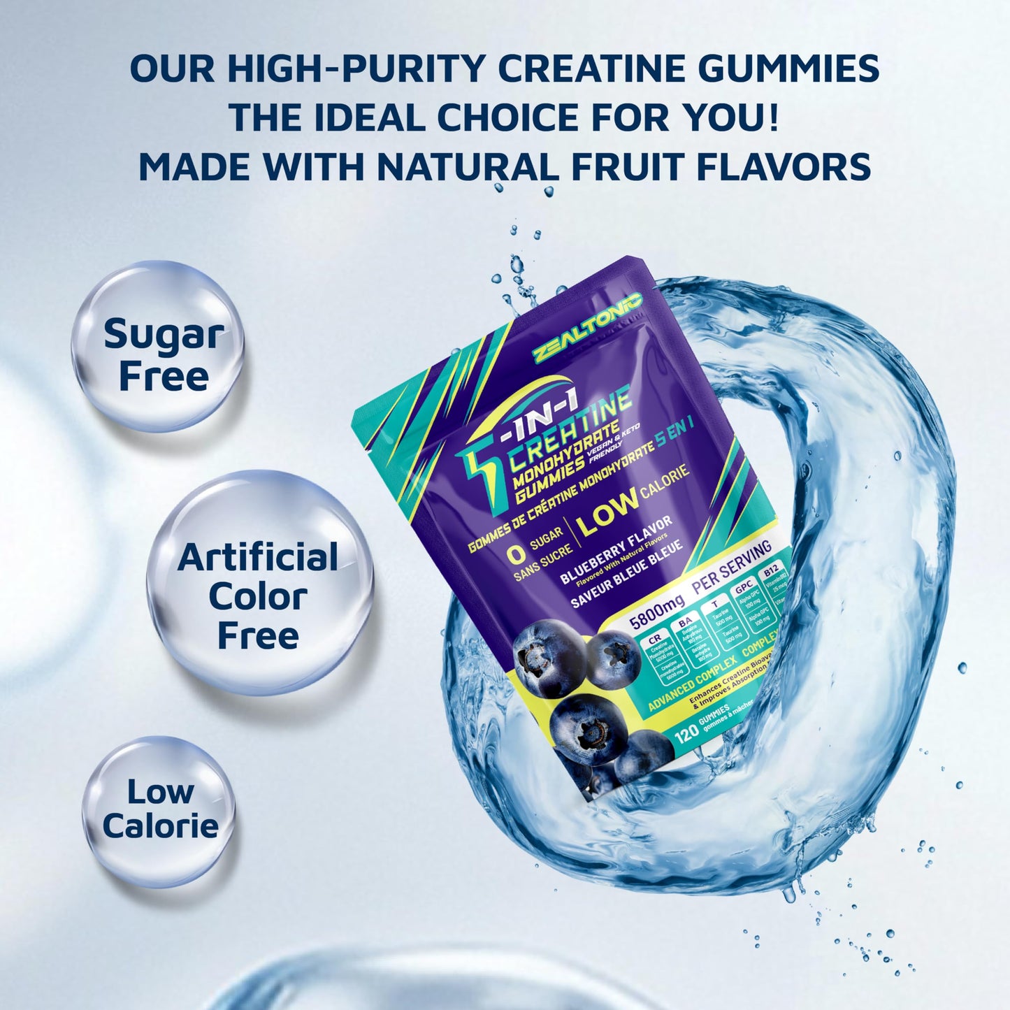 Zealtonic Creatine Monohydrate Gummies 5800mg with Betaine & Alpha GPC | 0 Sugar | 120 Blueberry