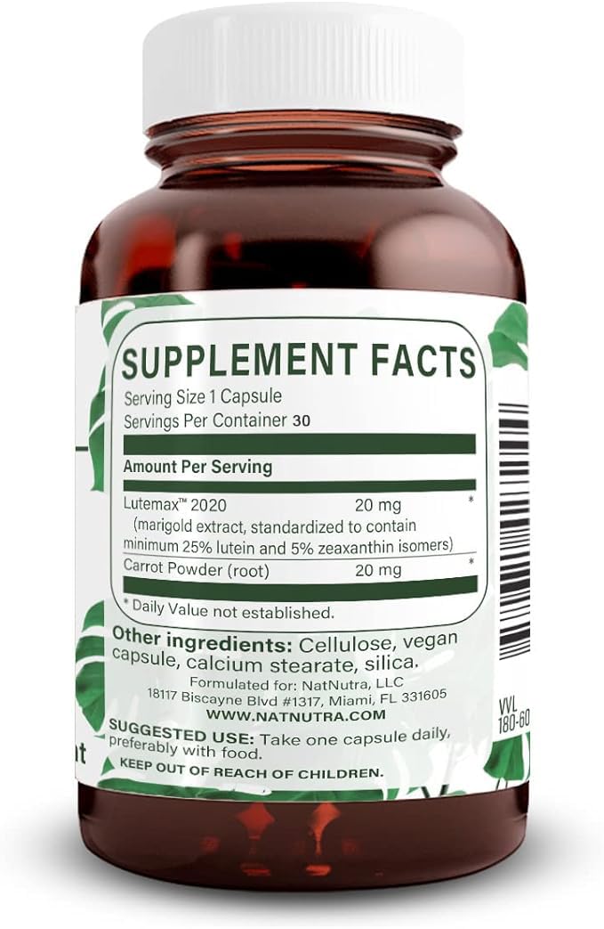 Natural Nutra Lutein & Zeaxanthin Supplement - Vision Health Support, 20 mg, 60 Capsules, Gluten Free & Soy Free