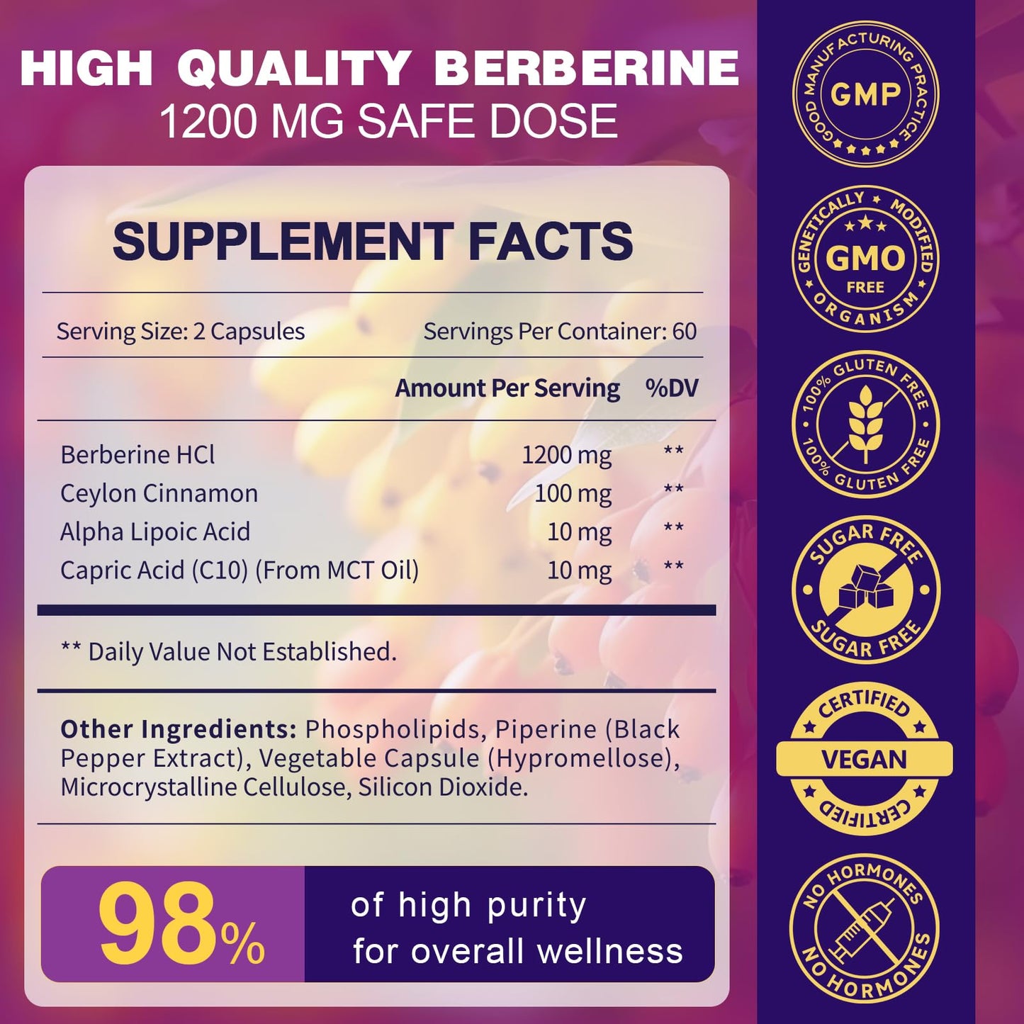ZEBORA Berberine HCl 1200 mg – GLP-1 Support, Cinnamon, ALA, Capric Acid, 120 Capsules