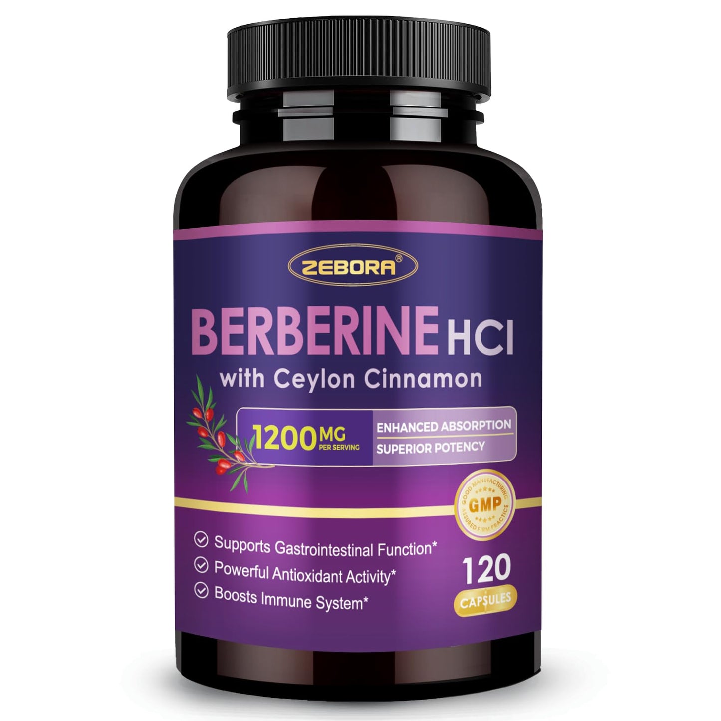 ZEBORA Berberine HCl 1200 mg – GLP-1 Support, Cinnamon, ALA, Capric Acid, 120 Capsules