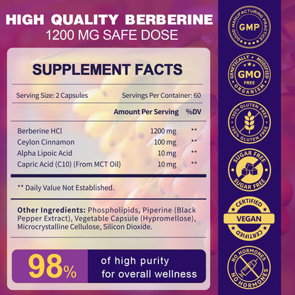 ZEBORA Berberine HCl 1200 mg – GLP-1 Support, Cinnamon, ALA, Capric Acid, 120 Capsules