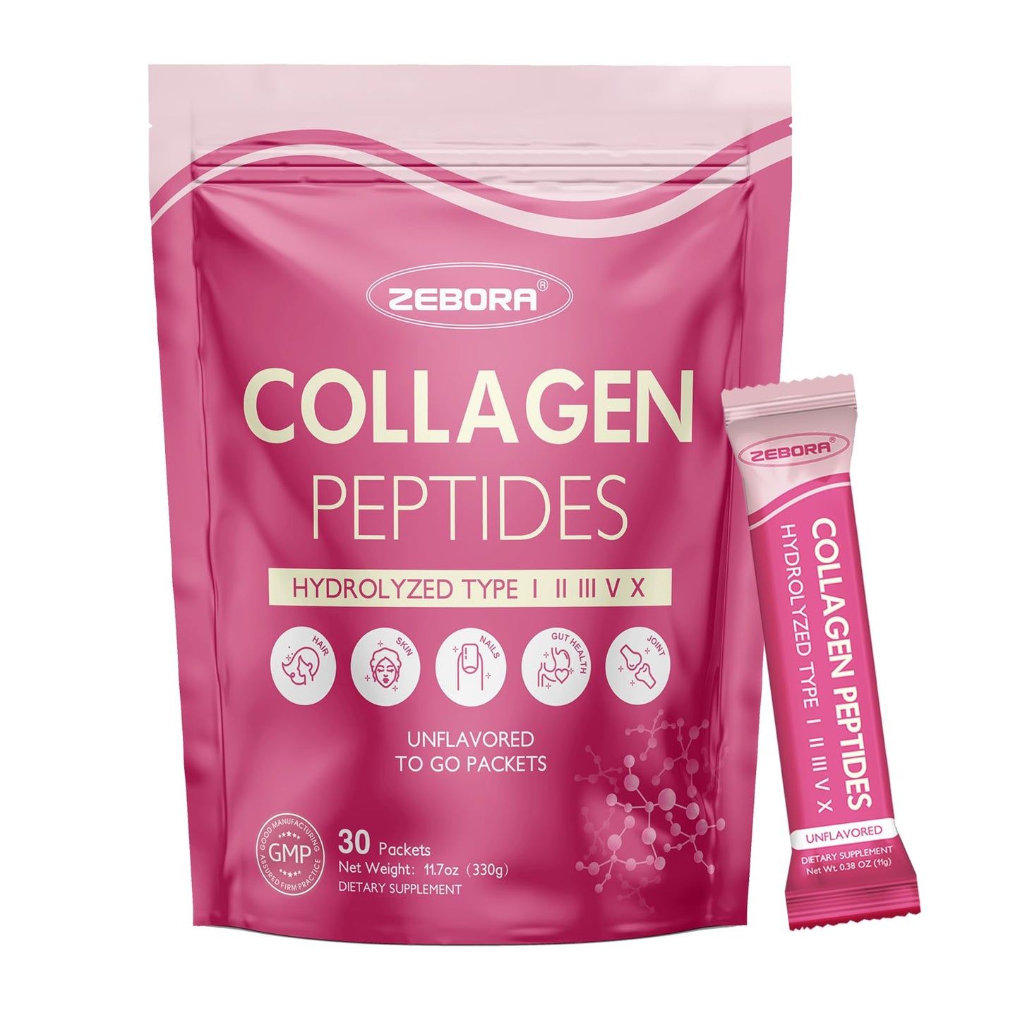 ZEBORA Multi Collagen Peptides Packets with Hyaluronic Acid, Biotin, MCT – 30 Stick Packs