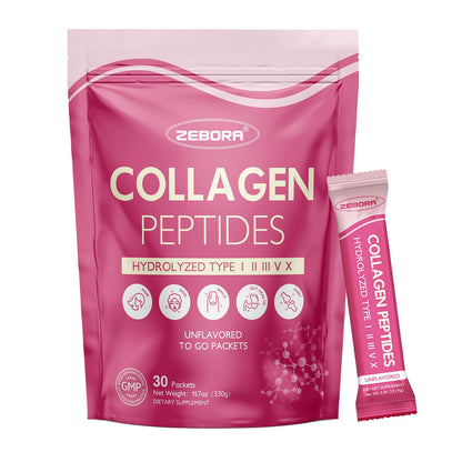 ZEBORA Multi Collagen Peptides Packets with Hyaluronic Acid, Biotin, MCT – 30 Stick Packs