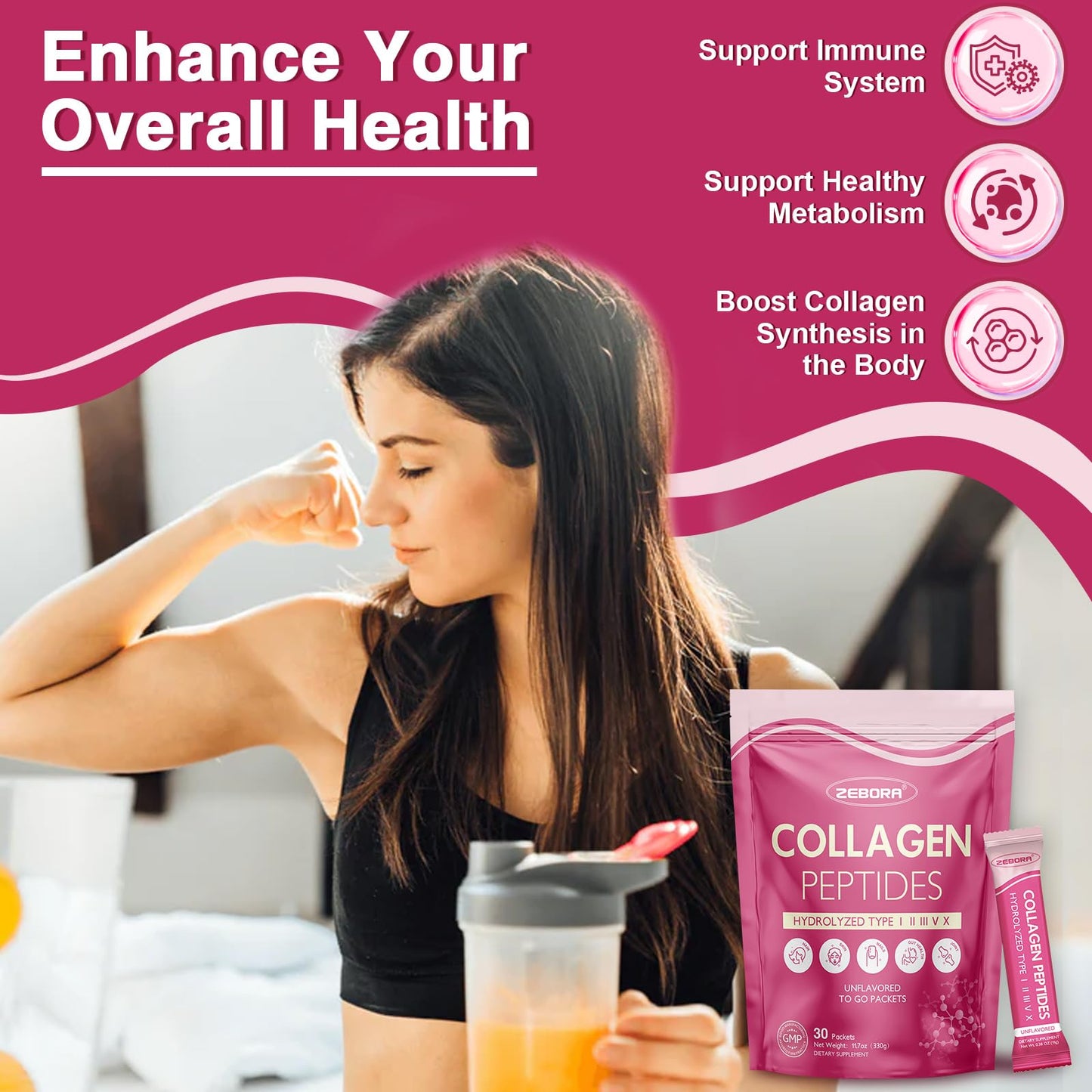 ZEBORA Multi Collagen Peptides Packets with Hyaluronic Acid, Biotin, MCT – 30 Stick Packs